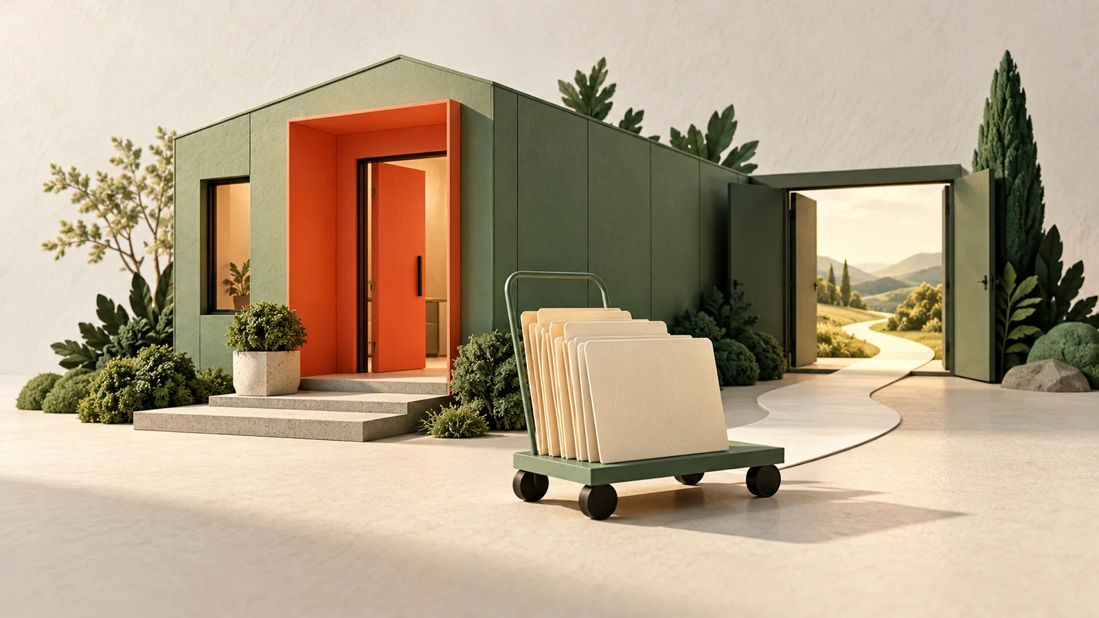 Casa modular verde com entrada coral e uma porta de saída aberta junto a uma bandeja de documentos.