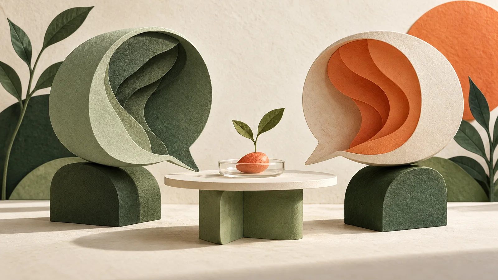 Dois balões de conversa de papel diante de uma pequena semente coral sobre a mesa.